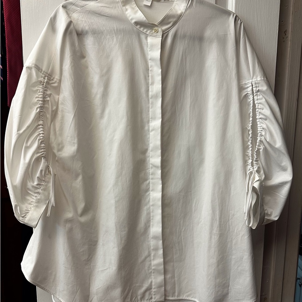 Hugo Boss Women’s White Ruched Open 3/4 Sleeve Button-Down Shirt